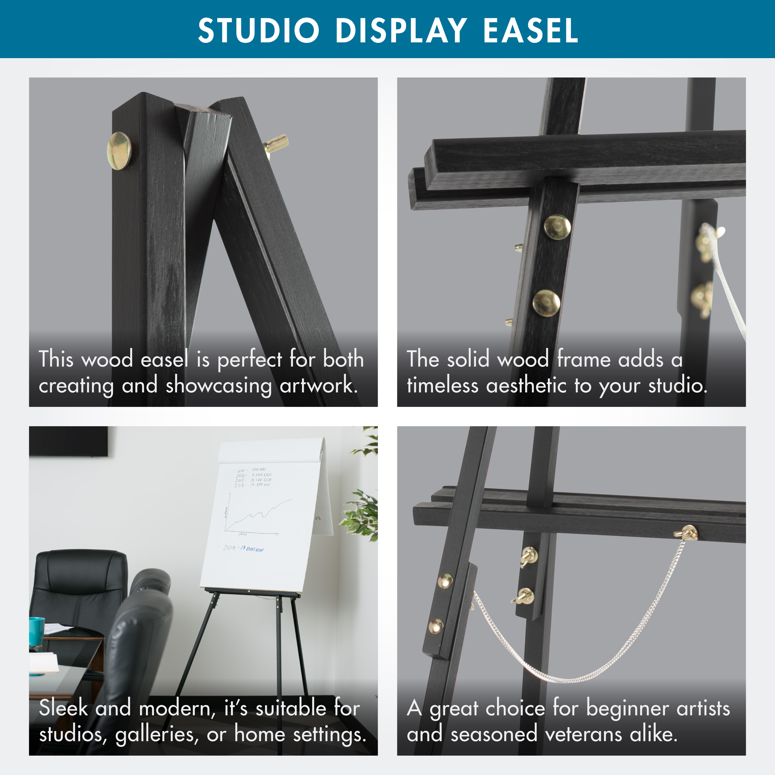 Studio Display Wood Tripod Easel for Posters, Art, Event Signage, Tradeshows, or Seminars (63" Tall), Black