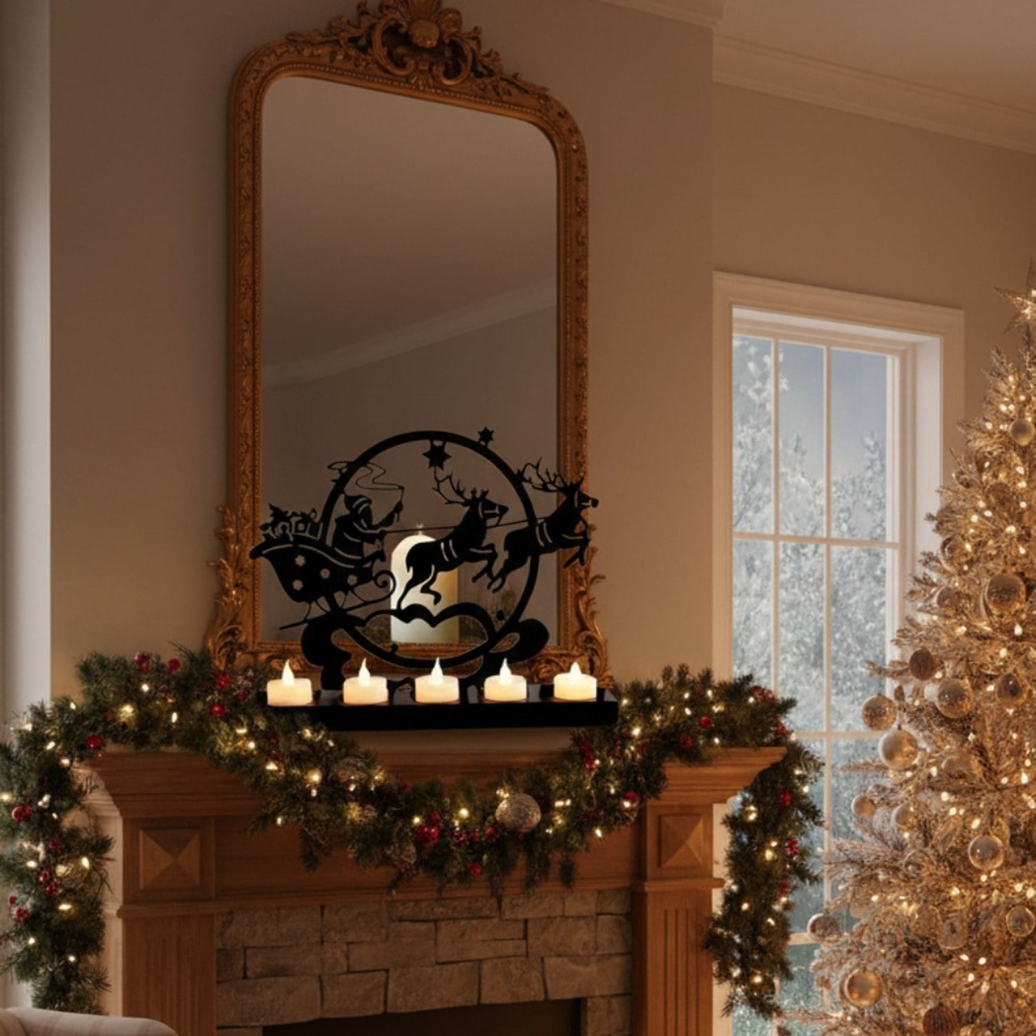 Christmas Metal Sign with Santa and Reindeer Design, Rustic Farmhouse Tabletop and Fireplace Decor