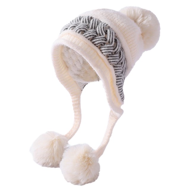 Gorro de lana con protección para los oídos y bola de tres pelos con bloqueo de color, todo fósforo para invierno