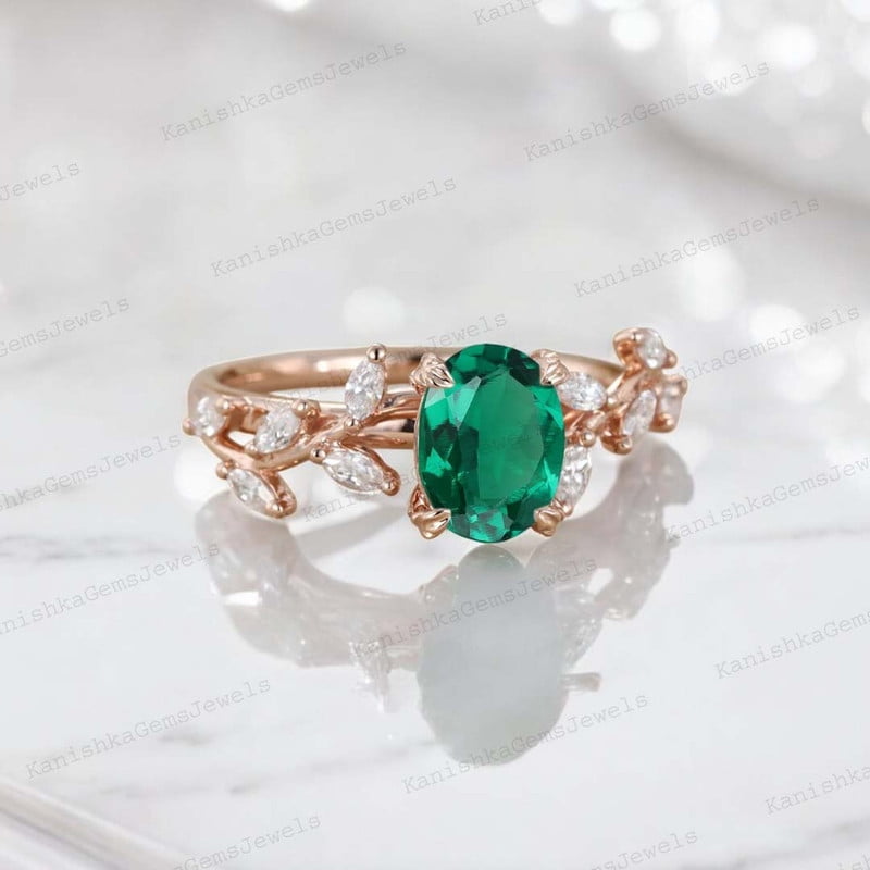 KANISHKAGEMS&JEWELS 2Ct 8x6mm /Oval Emerald Engagement Ring CZ Diamond Leaf Twig Ring Nature Inspired Women Jewelry Anniversary Gift For Wife