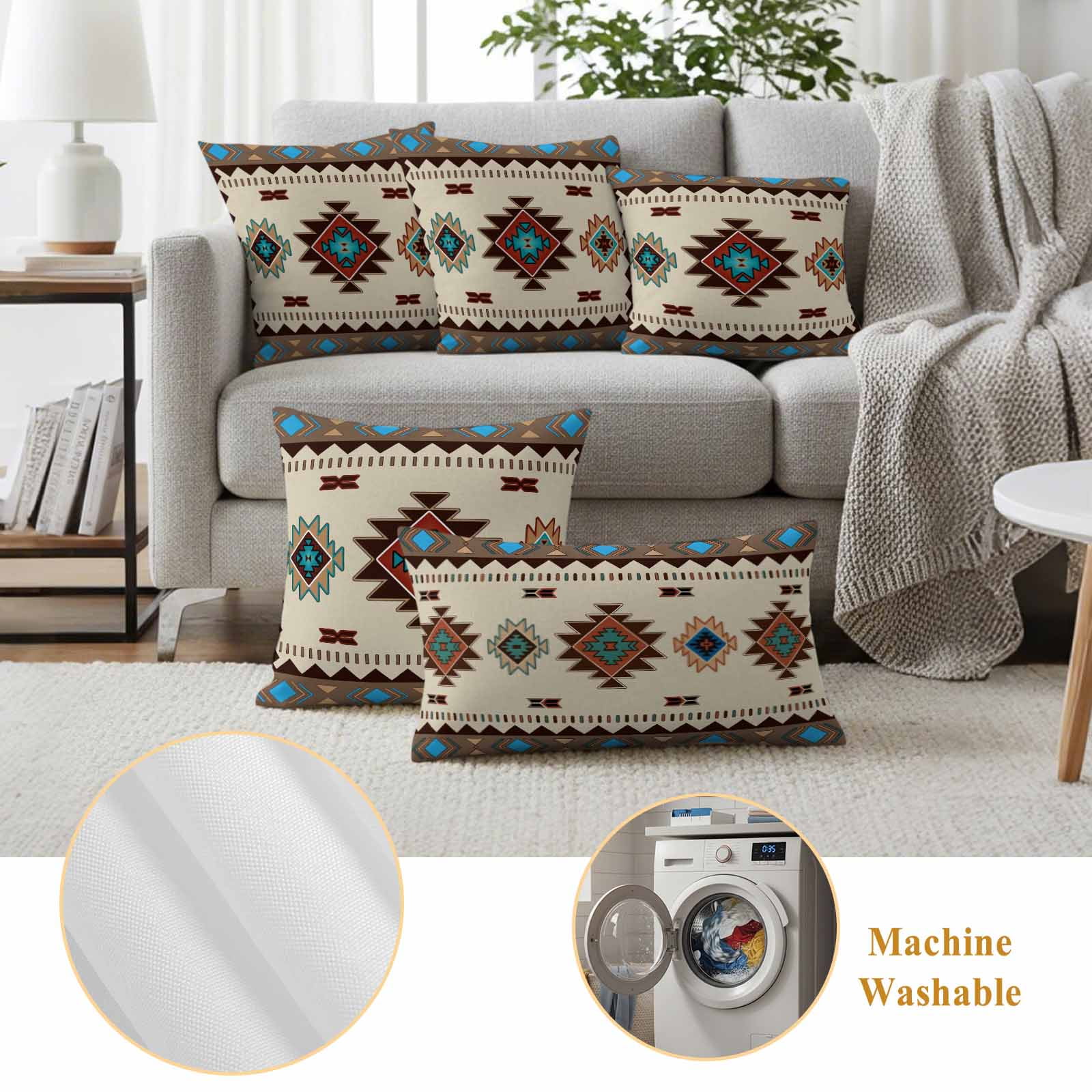 Pack of 2 Outdoor Pillow Covers,Waterproof Boho Southwest Throw Pillow Covers,Farmhouse Aztec Tribe Brown Blue Plaid Decorative Pillowcases Cushion Covers for Couch Pillow Sham Protector 18x18 Inch