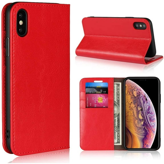iPhone Xs Wallet Case,Premium Leather Folio Flip Case Cover Book Design with Kickstand Feature with Card Slots/Cash Compartment for iPhone Xs - Red