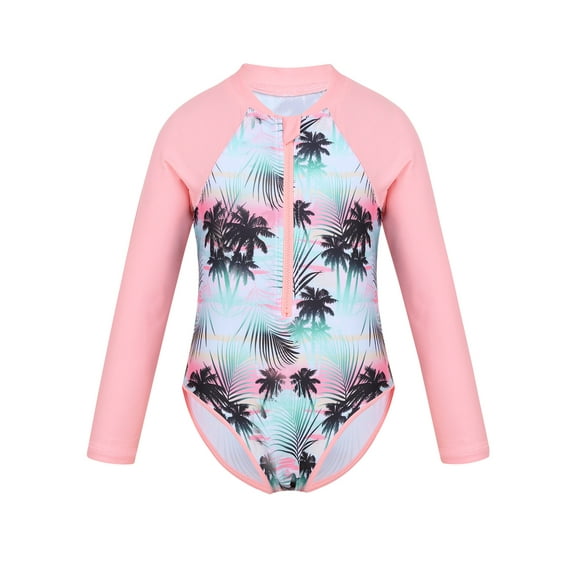 Sywiyi Kids Girls One Piece Swimwear Long Sleeve Zip Up Bodysuit Beachwear Pink 6