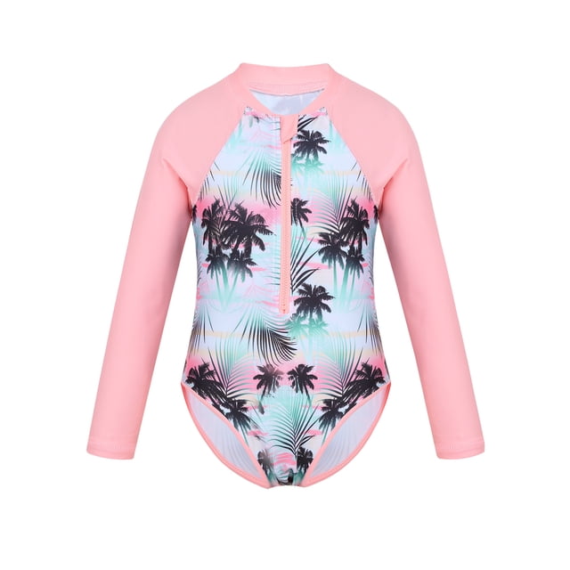 Kids Girls One Piece Long Sleeves Palm Trees Printed Swimsuit UV Protection Rash Guard Pink 10