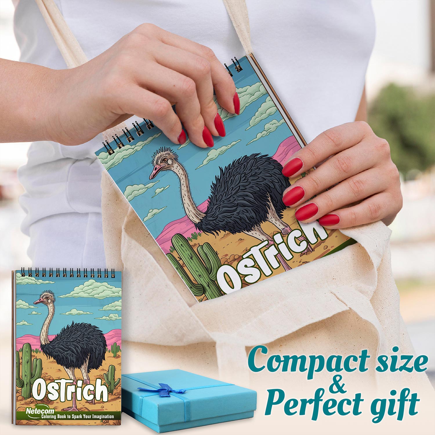 Netecom Ostrich Coloring Book Spiral Bound for Adults, A5 Wooden Cover, 30 Amazing Coloring Pages of Ostriches for Stress Relief and Relaxation