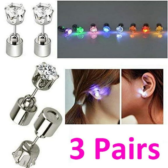 EIMELI 3 Pairs Changing Color Light Up LED Earrings,Studs Flashing Blinking Earrings Dance Party Acc Dec Christmas Gifts for Men Women Mom Wife Girlfriend Friend Boyfriend(Blue Purple Colorful)