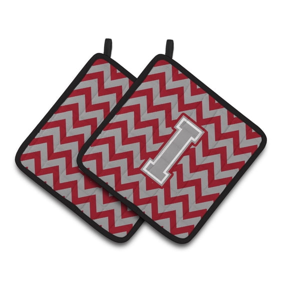 Letter I Chevron Crimson and Grey Pair of Pot Holders