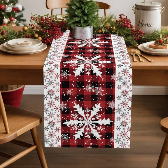 Christmas Snowflake Cotton Linen Table Extra Long Runner 13 x 120 inch Winter Classic Red Black Plaid Non-slip Rectangular Dining Table Decor for Wedding Party Holiday Dinner