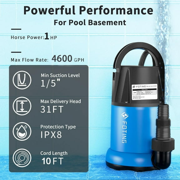 1HP Submersible Water Pump 4600GPH Portable Utility Pump for Pool Garden Basement with 10ft Cord