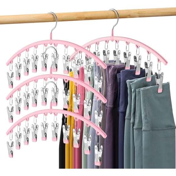 Legging Organizer for Closet, Metal Yoga Pants Hangers 4 Pack w/10 Clips Holds 40 Leggings, Space Saving Hanging Closet Organizer w/Rubber Coated Closet Organizers and Storage, Pink