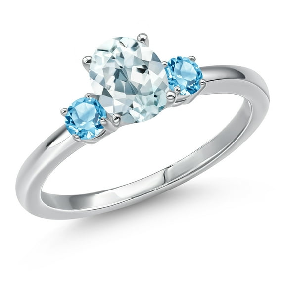 Gem Stone King 14K White Gold Sky Blue Aquamarine and Swiss Blue Topaz Engagement Ring for Women | 1.05 Cttw | Oval 7X5MM | Gemstone March Birthstone | Size 6