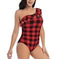 thumbnail image 3 of Haiem Buffalo Plaid Red Black Women's One Piece Swimsuits Tummy Control One Shoulder Bathing Suits Ruffle Swimwear-XX-Large, 3 of 8