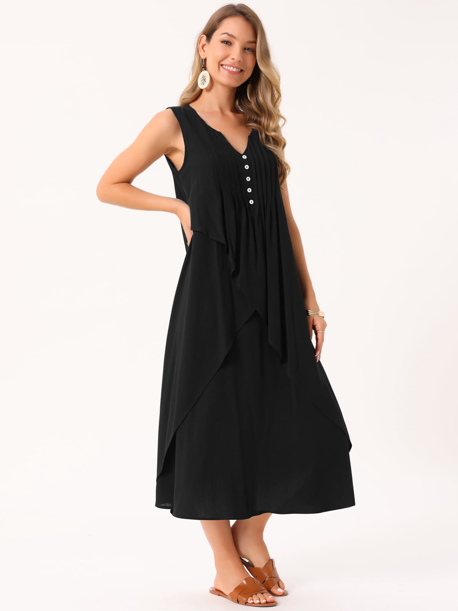 DARING DIVA Ruffle Sleeveless V Neck Pleated Flowy Maxi Dress S Black