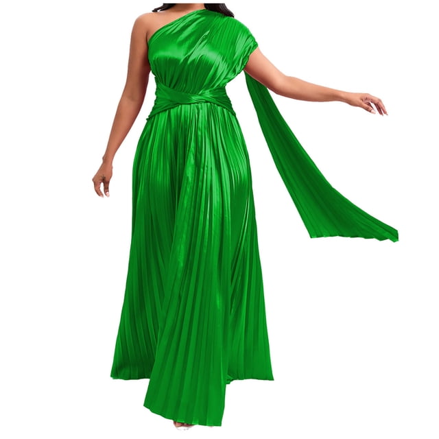 Birdeem Jupe Longue Plissée à une Épaule pour Femme, Polyvalente, Mode Quotidienne, Couleur Unie, Col Incliné et Taille Relevée