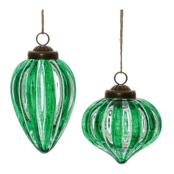 Melrose Ribbed Crackle Glass Christmas Ornaments - 5"" - Green - 6ct