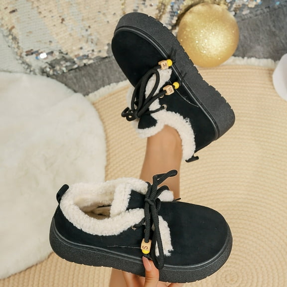 Bnwani Women Low Heel Boots Shoe Fall Winter Fashion Toe Thick Ankle Velvet Fleece Warm Versatile Casual Sweet Boot Black Size 5.5