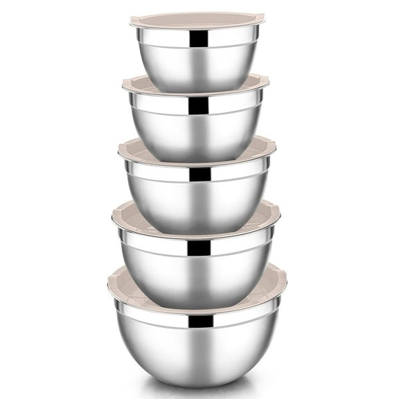 Mixing Bowls with Lids Set of 5, Vesteel Stainless Steel Mixing Bowls Metal Nesting Salad Bowls, Size 4.5, 3, 1.5, 1, 0.7 QT Great for Cooking, Baking, Serving - Khaki