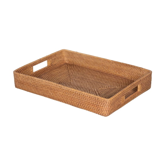 Kouboo Loma Rectangular Rattan Serving Tray With Handles, Decorative, Platters For Coffee, Tray For Breakfast, Bread, Fruits, Kitchen Counter, Honey Brown