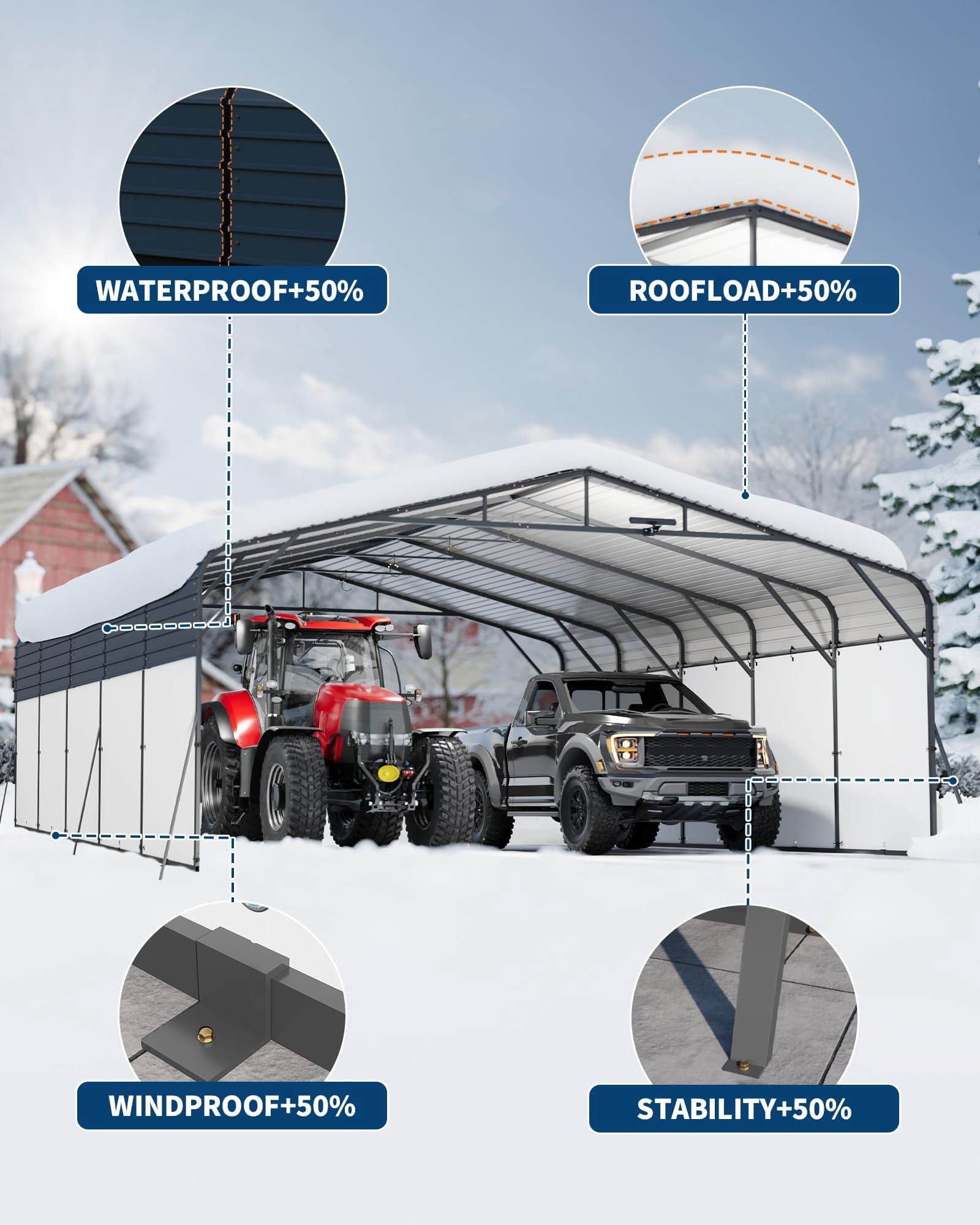 20x25 FT Heavy Duty Metal Carport - Outdoor Portable Garage Shelter - Galvanized Steel Roof, Removable PE Sidewalls, Reinforced Base, LED Light - for Cars, Trucks, Boats
