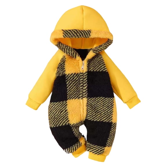 YDFCWXW Baby Girls Plaid Outfits Fleece Jumpsuit Winter Warm Long Sleeve Zip Hooded Bodysuit Bowknot (Yellow, 3-6 Months)