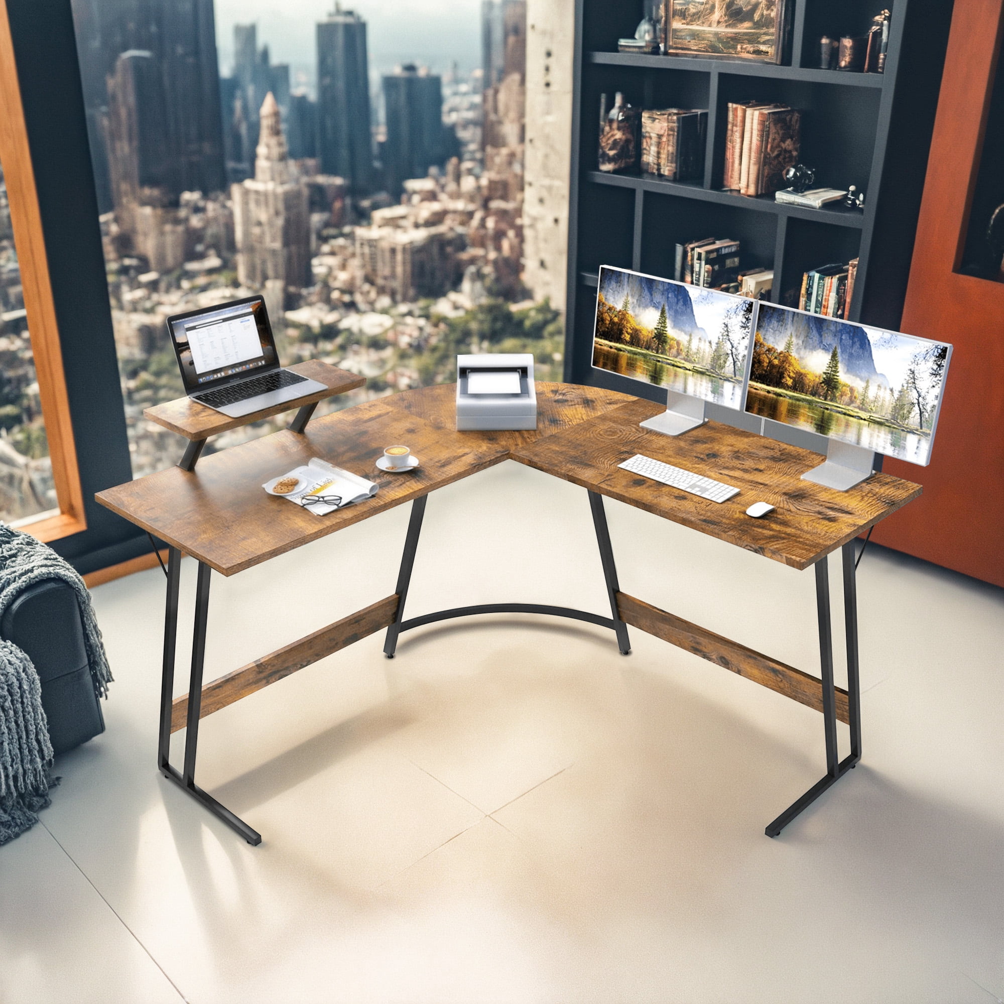 Vineego L-Shaped Computer Desk Modern Corner Desk with Small Table,Rustic Brown