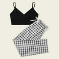 thumbnail image 4 of Summer 2 Pieces Outfits for Women Casual V Neck Spaghetti Straps Crop Camis and Plaid Drawstring Pants Tracksuits, 4 of 8