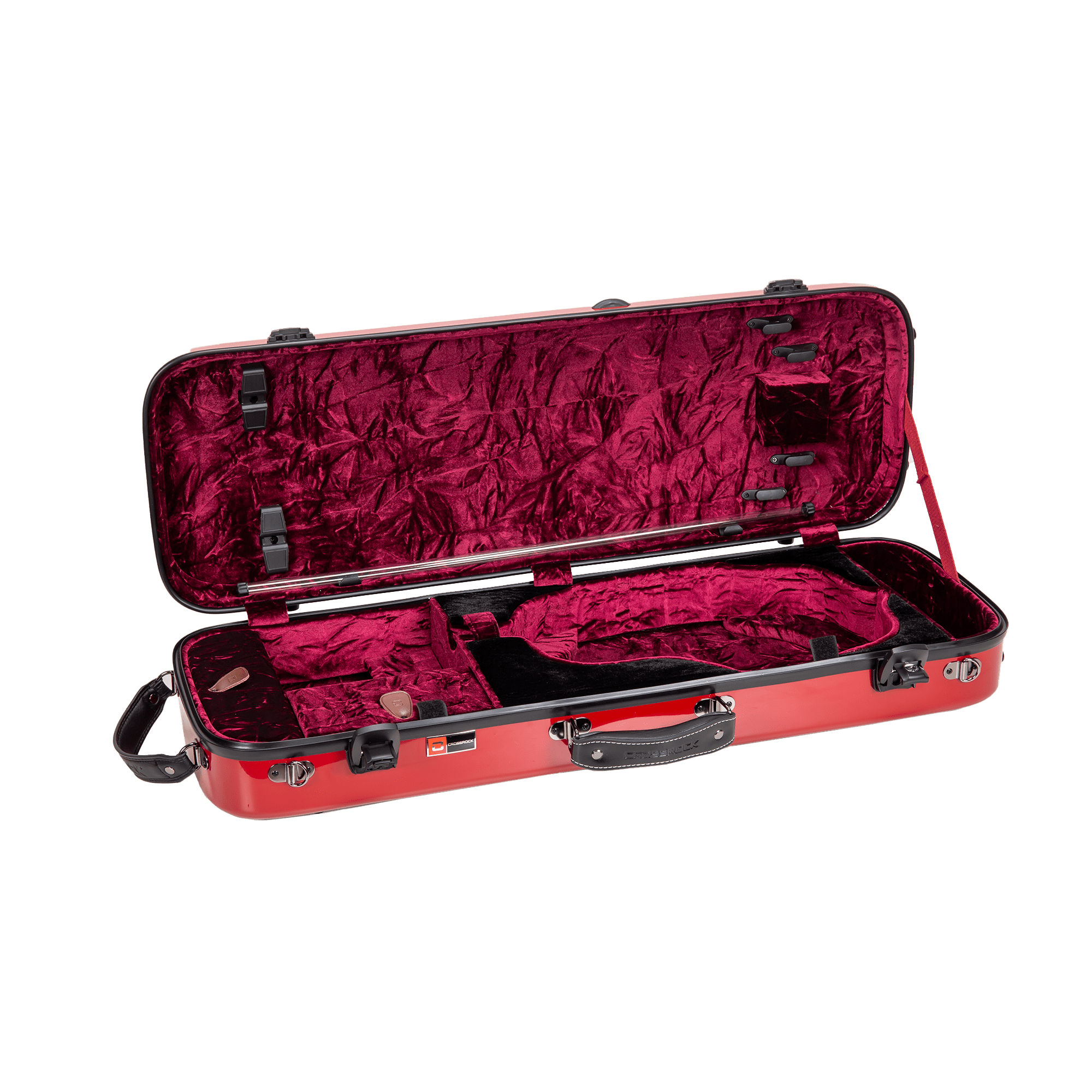 Crossrock Fiberglass Oblong Case fits 4/4 Full-Size Violin, Includes TSA lock, Protective Blanket, Hygrometer, Accessory Compartments-Red