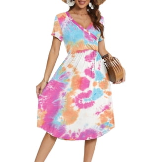 TheLovely Women & Plus Rolled Short Sleeve V-Neck Midi Trapeze Tunic Dress  - Walmart.com