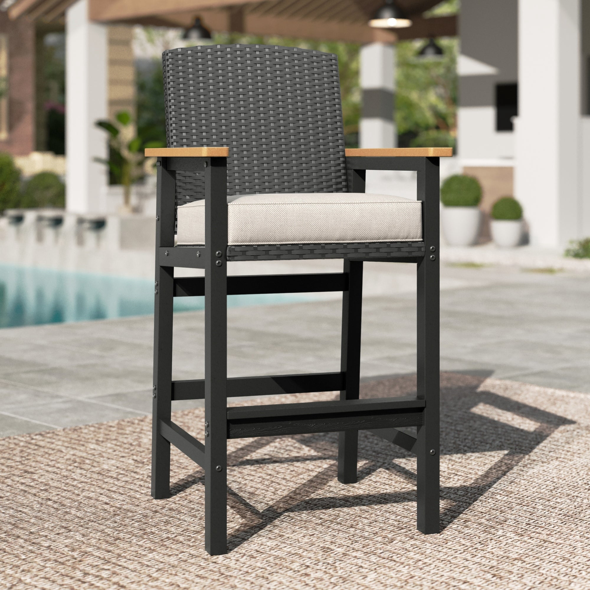 MF Studio 3-Piece HDPE Outdoor Bar Table and Chairs Set, Patio Dining Bar Bistro Table Set with Oversize Counter High Bar Stool, Black