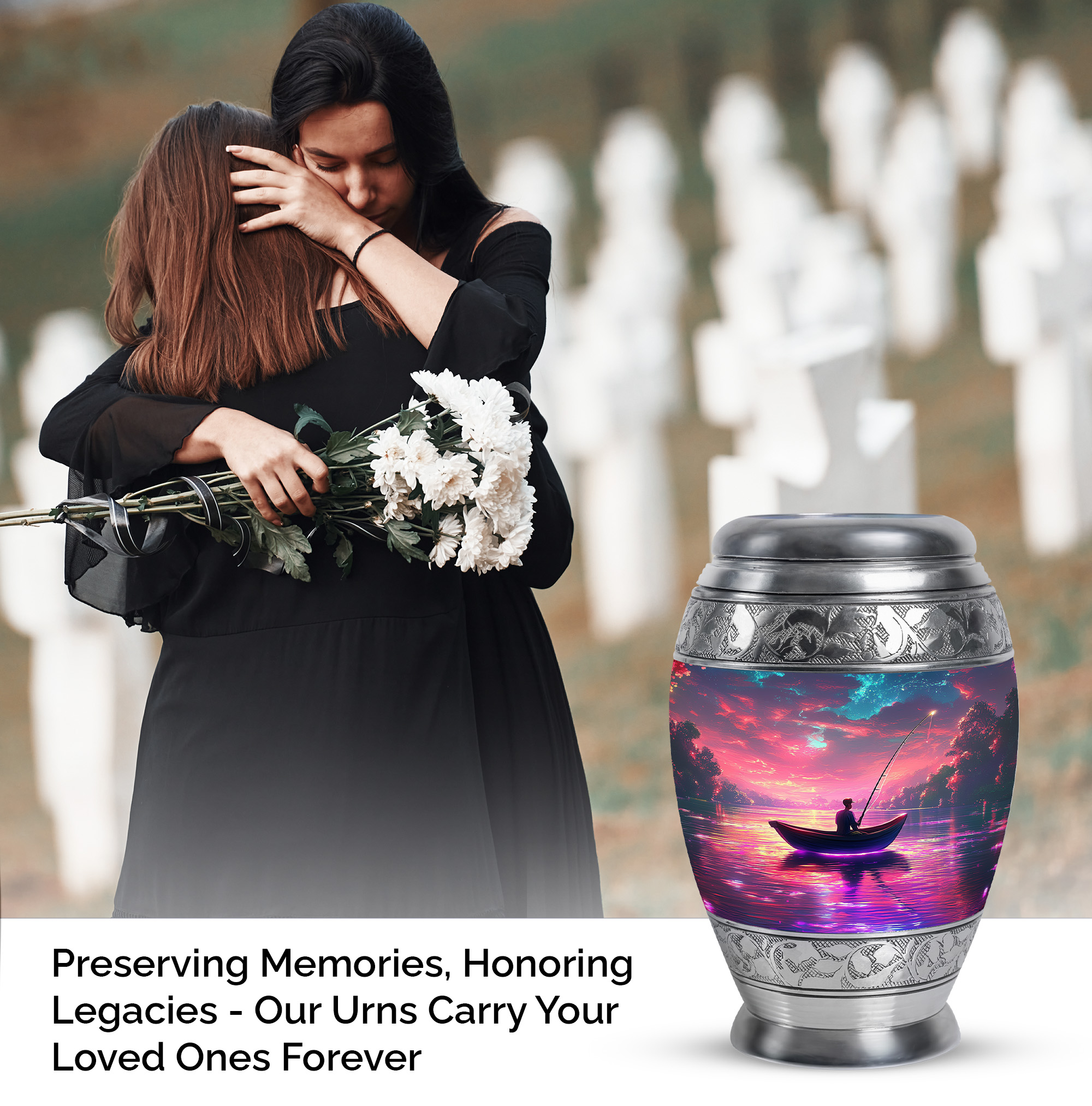 JAGASY Fishing Mini Urn for Girl - Pink Small Urn for Ashes Adult Male - Sunset Water Boat Decorative Memorial Urns - Keepsake Cremation Urns for Friends - (3 Inch)