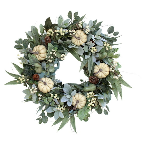 Fall White Pumpkin Wreath for Front Door | 35 Inch Artificial Harvest Wreath | Seasonal Home Decor for Thanksgiving & Autumn | Easy to Install Wall or Door Hanging Garland