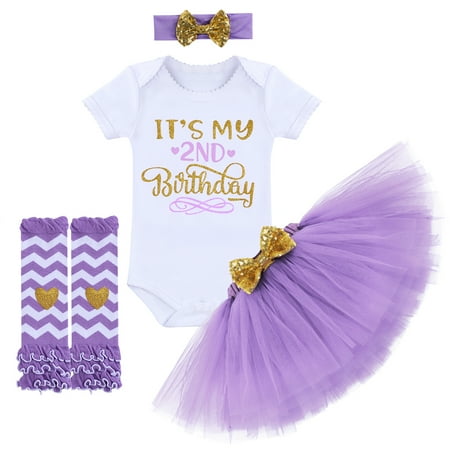 FYMNSI Toddler Baby Girl It's My 2nd Birthday Cake Smash Outfit Cotton Short Sleeve Romper Princess Tutu Skirt Leg Warmers Bowknot Headband 4pcs Set Two Years Old Party Photo Shooting Props Purple