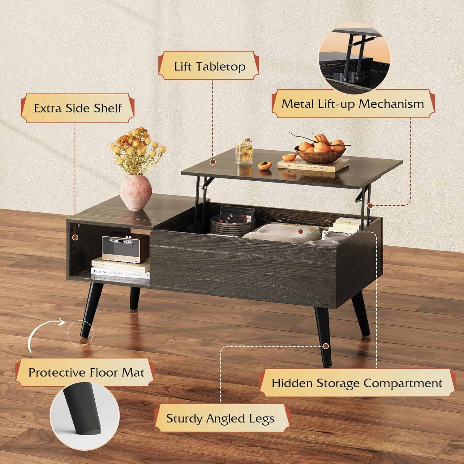GALAXHERO Lift Top Coffee Table with Storage Small Living Room Table with Storage Shelf & Hidden Compartment Black Oak