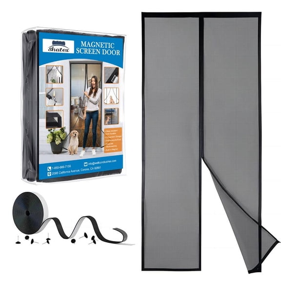 34 in. x 82 in. Black Fiberglass Magnetic Screen Door Heavy Duty Mesh Curtain Bi-Parting