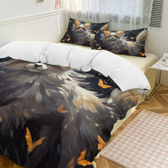 Nine Tailed Fox Chasing Butterfly 3 Pieces Duvet Cover with Zipper Closure,Premium Polyester Lightweight Bedding Set