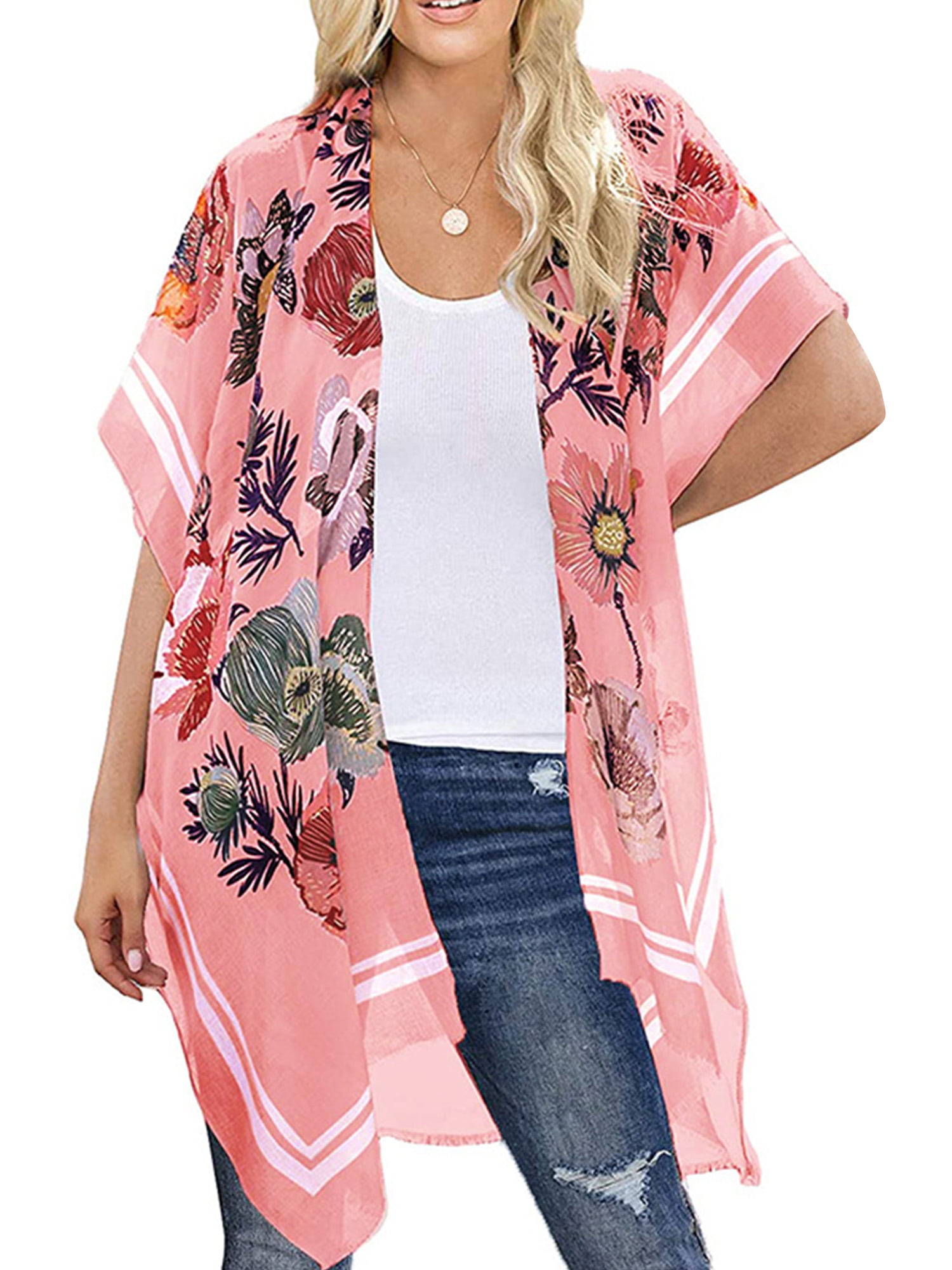 Plus Size Chiffon Cardigan for Womens Floral Print Sheer Loose Kimono Cardigan Blouse Ladies Summer Loose Beach Cover up