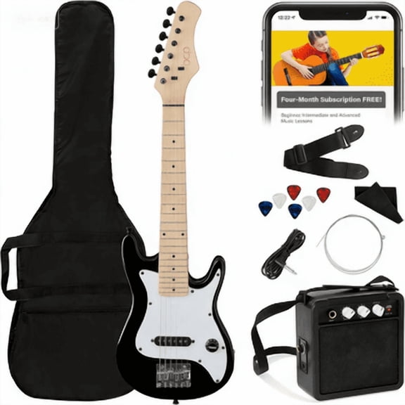 HarmonyStrings 30in Kids Electric Guitar Beginner Starter Kit w/ 5W Amplifier, Strap, Gig Bag, Strings Black