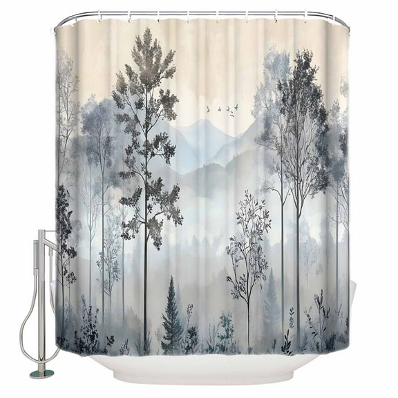 Small Stall Shower Curtain 36x78 Inch Narrow Half Size Watercolor Forest Bath Curtains Bathroom Decor Vintage Mountain Branches Tree Waterproof Fabric Shower Curtain Set with Hooks 36 Inch