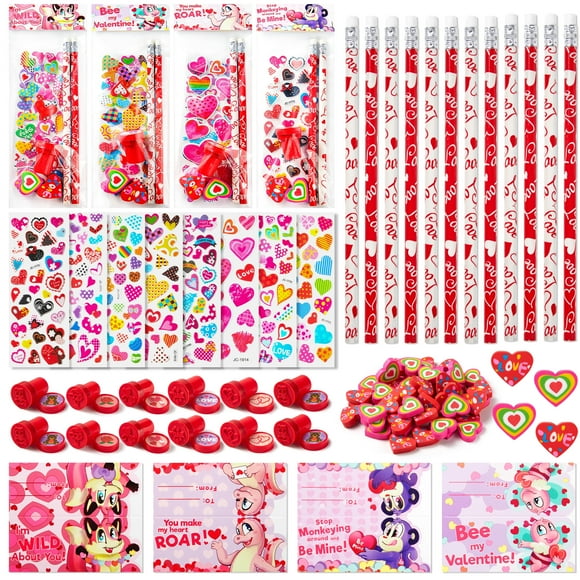 Joyfy 224 Pcs Valentines Gifts for Kids, Valentines Goodie Bag Stuffers, Valentines Cards for Kids Classroom Exchange, Assorted Stationery Set for Valentines Party Favors Supplies