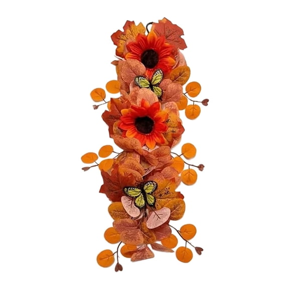 22.8 Inch Fall Artificial Teardrop Wreath, Autumn Door Hanging Decor with Sunflower, Maple Leaves and Butterfly, Thanksgiving Decoration for Front Door, Wall and Home