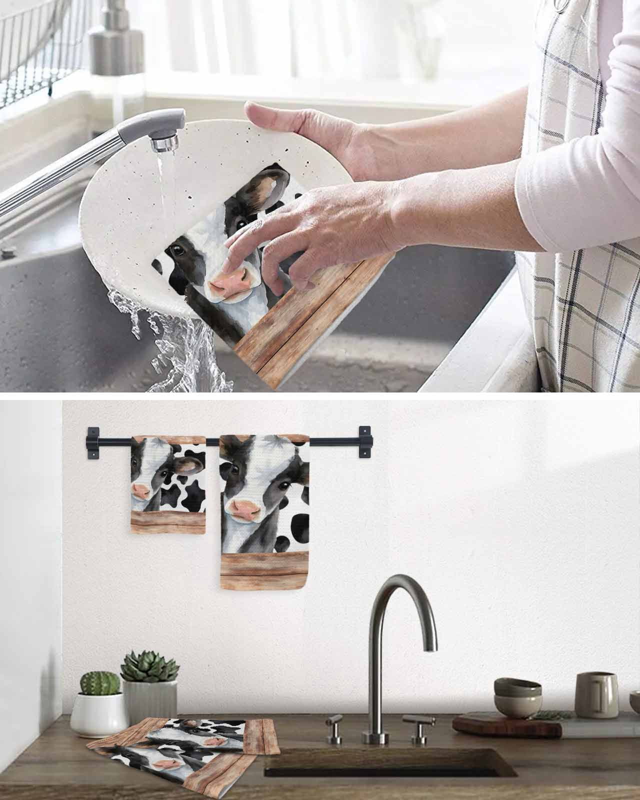 Cow Printed Kitchen Dish Towels for Drying Dishes Set of 2, Farmhouse Watercolor Country Wooden Grain Waffle Weave Microfiber Hand Tea Bathroom Towels Quick Dry & Absorbent Towel 12x12