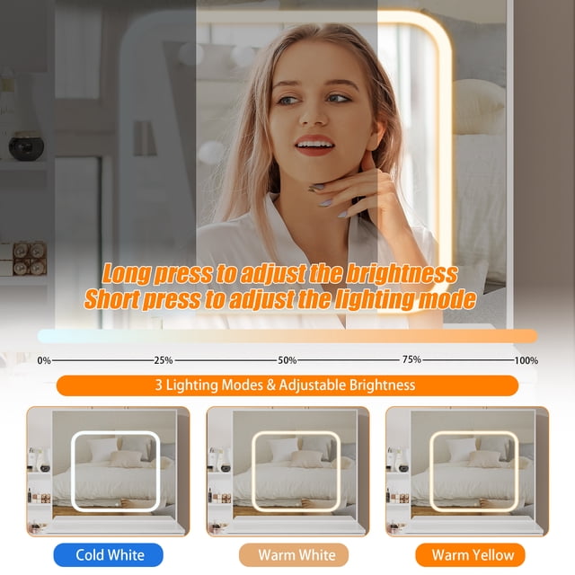 Modern Vanity Desk with Sliding Lighted Mirror, 4 Drawers, Open Shelf, Built-in Power Outlet, Cushioned Stool – Space-Saving Bedroom Makeup Table with 3-Color LED Lighting, White
