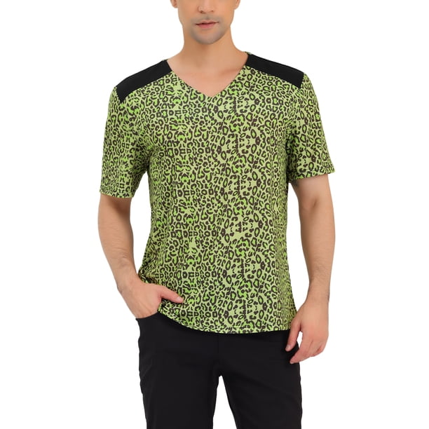 Camiseta de hombre de leopardo impresa INSPIRE CHIC con cuello en V y mangas cortas S Verde Negro