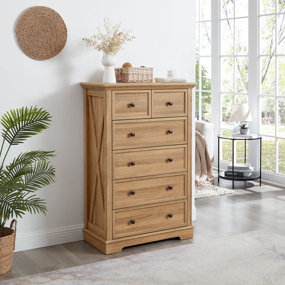 Modern Farmhouse Natural Wood Finish 6 Drawer Dresser Chest of Drawers Storage Living Room