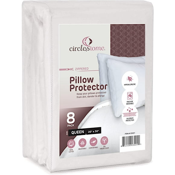 Mastertex Zippered Pillow Protectors 100% Cotton, Hypoallergenic Breathable & Quiet (8 Pack) White Pillow Covers Protects from