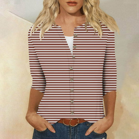 Clearance Mrasaso Button Down Shirts for Women 3/4 Sleeve Lightweight Summer Cardigan Casual V Neck Three Quarter Length Cute Tops