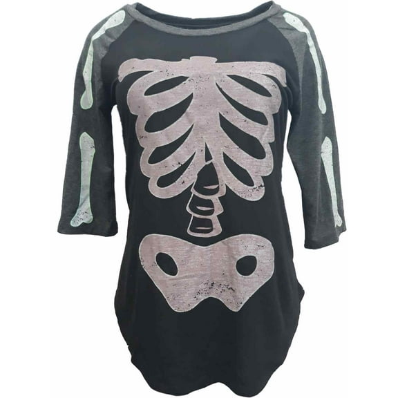 Womens Gray & Black Skeleton Bones Halloween Holiday Raglan T-Shirt