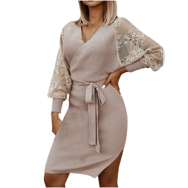 Robe en Dentelle Tricotée à Manches Longues Aguichant pour Femmes Automne Hiver