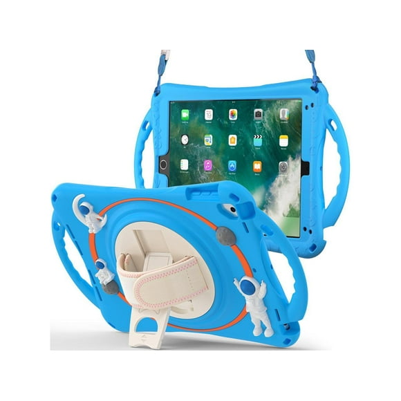 Cute Case for iPad 6th 5th Generation 9.7 inch 2018 2017, iPad Air 2, Air 1, iPad Pro 9.7, Shockproof Silicone Astronaut Cover with Stand Shoulder Strap, Handle Grip, Pencil Holder Blue