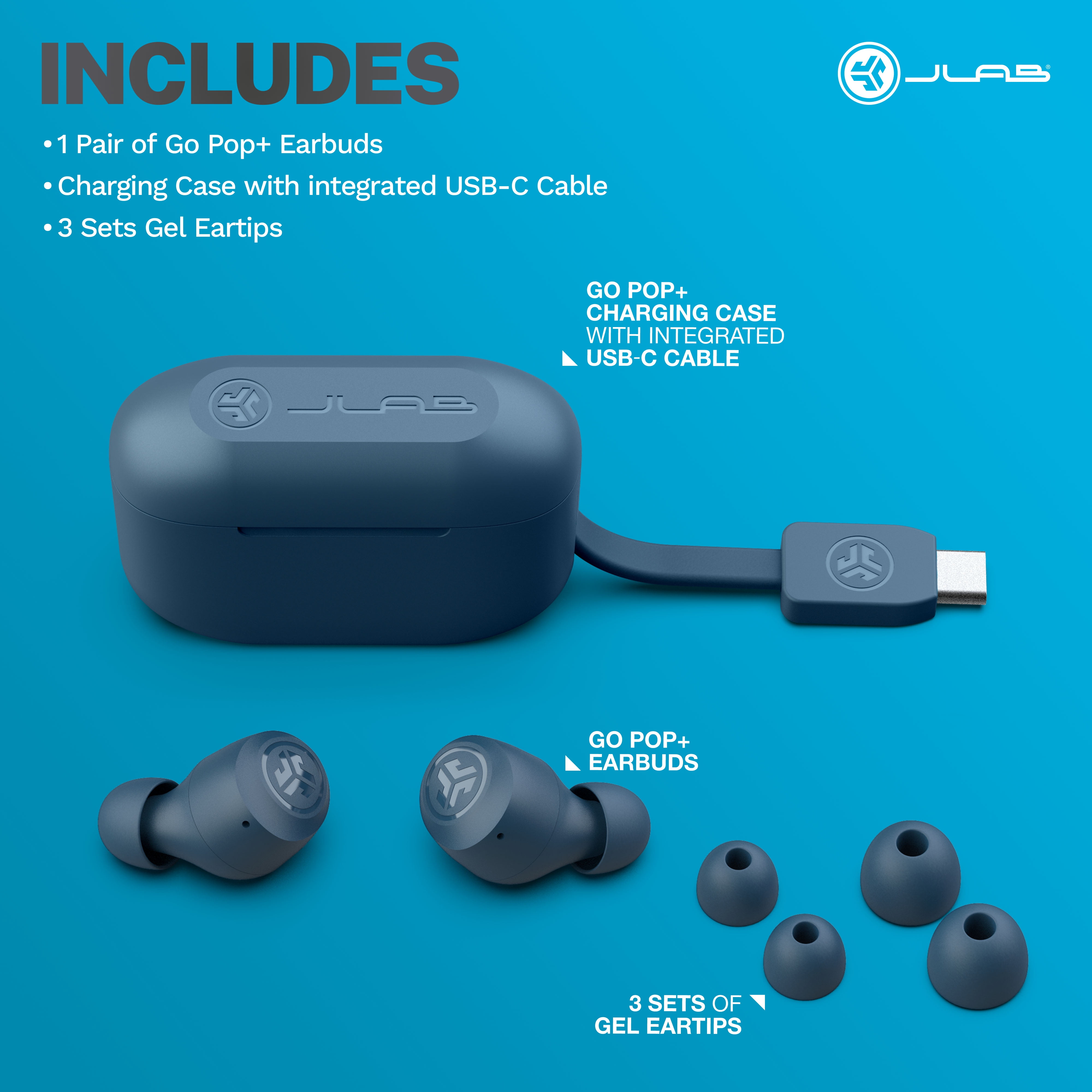 JLab Go Pop+ True Wireless Earbuds, Navy, Bluetooth, IPX4, Be Aware Mode, Customize Sound, Controls